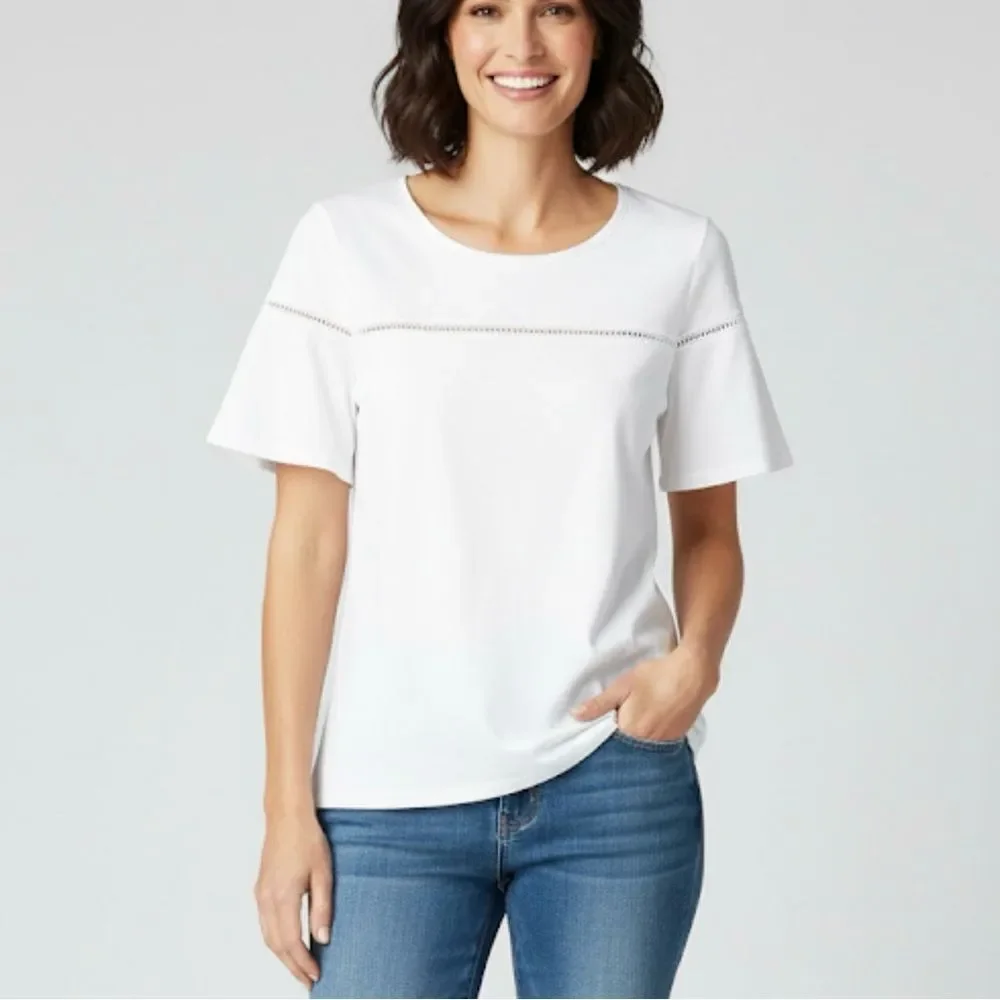 J.Crew Women's White Short Sleeve T-Shirt Size M Ladder Trim - Picture 2 of 8